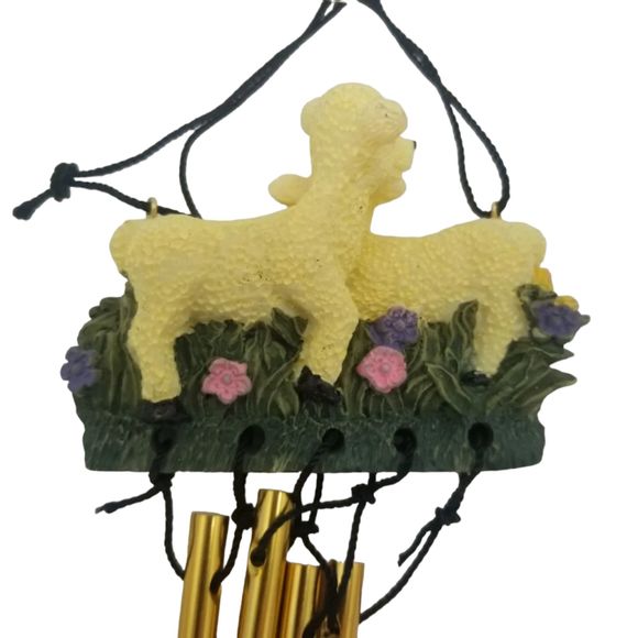 Wind Chimes Two Baby Lambs Grass Pink Blue Floral Flowers Metal Rod Resin - Picture 5 of 6